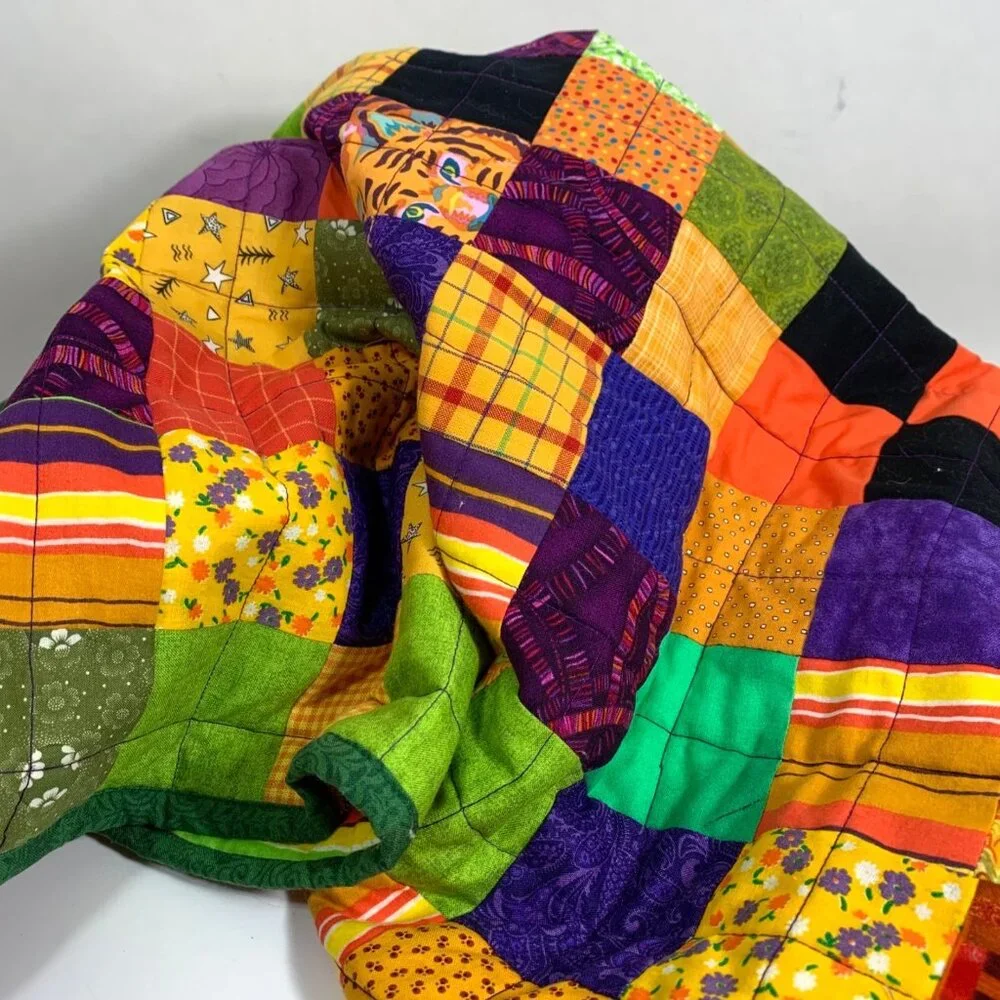 Handcrafted Patchwork Reversible Striped/Checkerboard Quilt Baby Blanket EUC